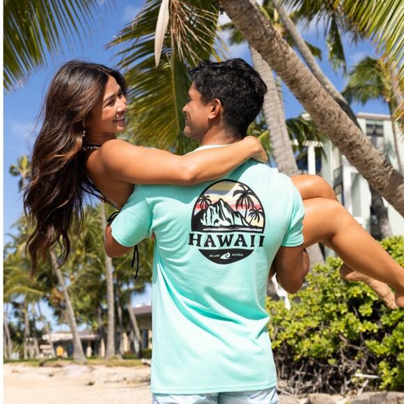 NEW Hawaii Aqua Blue Black Sunset Logo Short Sleeve Classic Tee T Shirt Top S - Picture 3 of 12